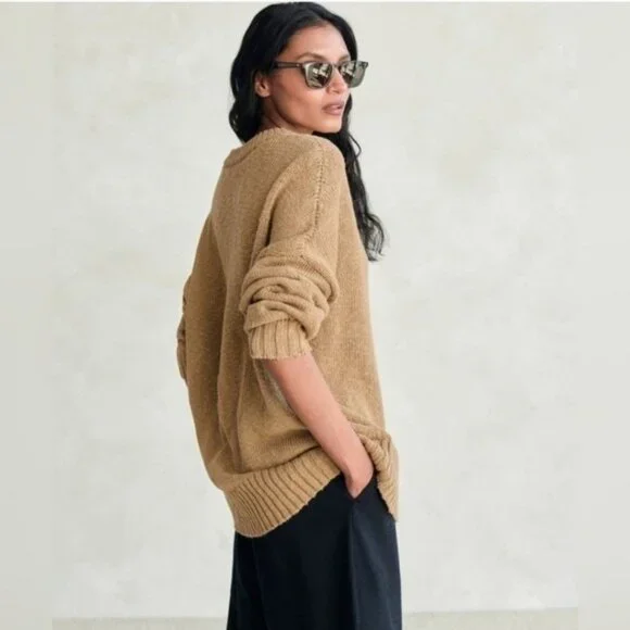 🆕️ Jenni Kayne Cruise Boyfriend Sweater Brown Chunky Linen Blend XL Mimimalist